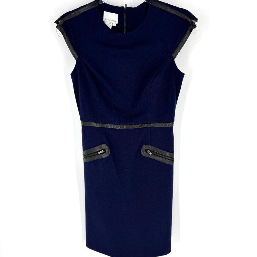 Donna Morgan Cap Sleeve Dress Blue with Black Faux Leather Trim Size 4
